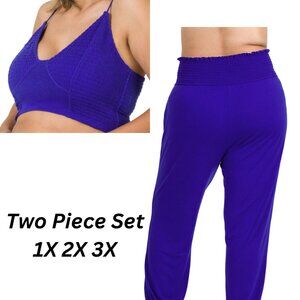 Zenana Plus Size Smocked Lounge Jogger Set – Bright Blue